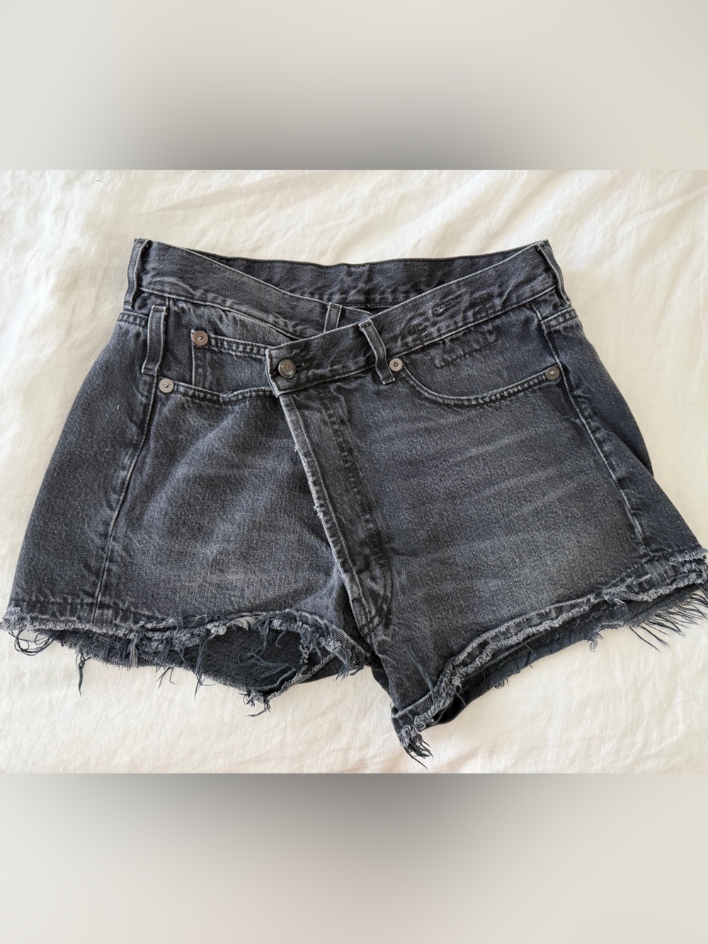 R13 Washed Black Frayed Denim Cutoff Shorts